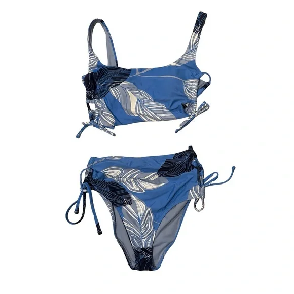 Aerie Blue Leaf Pattern Lace Up Bikini, Top XS, Bottom Sm - Picture 4 of 12